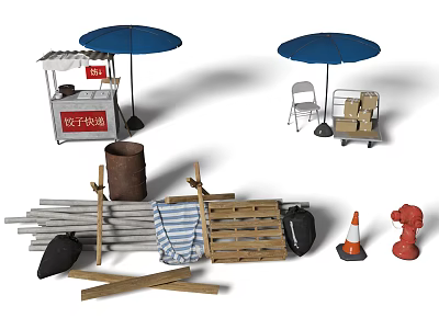 Street Food Stall Setup With Blue Umbrella Wooden Planks Barrel Tools Chair And Traffic Cone 3d model