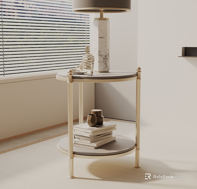 Modern Two Tier Round Side Table With Metal Frame By Window And Decorative Books 3d model 