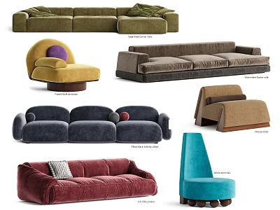 Various Modern Three Seater Sofa Styles With Velvet Fabric And Colorful Cushions 3d model