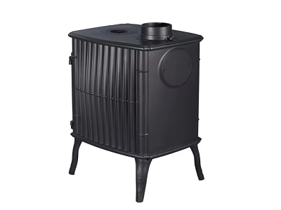 Black Cast Iron Heating Stove With Ribbed Design Four Legs And Top Chimney 3d model