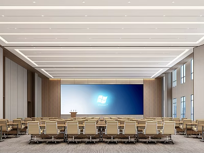Modern Conference Room With Large Projection Screen Neatly Arranged Seats Wooden Walls Linear Lighting 3d model