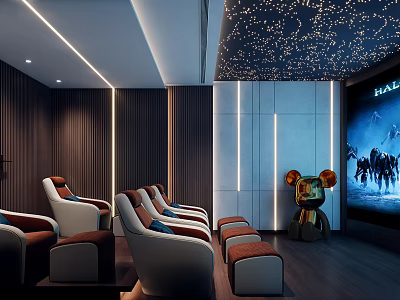 Luxurious Home Theater With Starry Sky Ceiling Comfortable Recliner Seats And Large Projection Screen 3d model