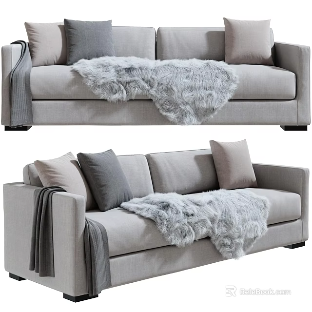 Cozy Gray Two-Seater Sofa with Soft Cushions Fluffy Blanket and Draped Gray Blanket on Armrest 3d model 