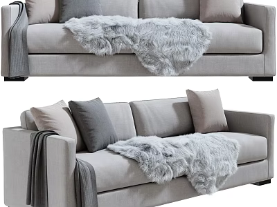 Cozy Gray Two-Seater Sofa with Soft Cushions Fluffy Blanket and Draped Gray Blanket on Armrest 3d model