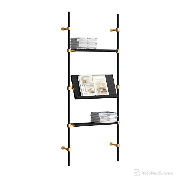 Modern Black Metal Storage Shelf With Gold Accents And Stacked Books On Multi Tiers 3d model 