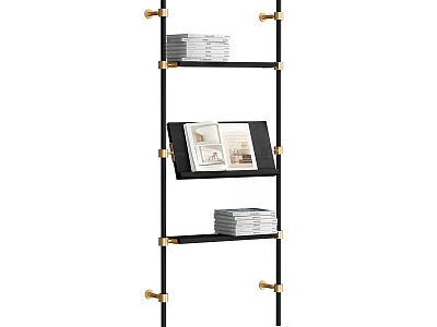 Modern Black Metal Storage Shelf With Gold Accents And Stacked Books On Multi Tiers 3d model