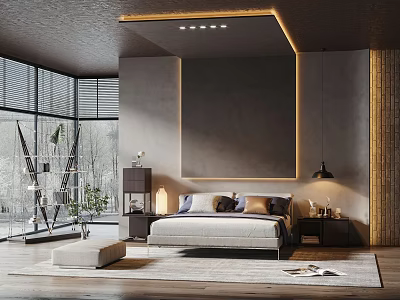Modern Bedroom Interior With Large Bed Framed Wall Art And Floor-to-Ceiling Windows 3d model