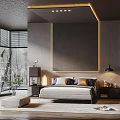 Modern Bedroom Interior With Large Bed Framed Wall Art And Floor-to-Ceiling Windows