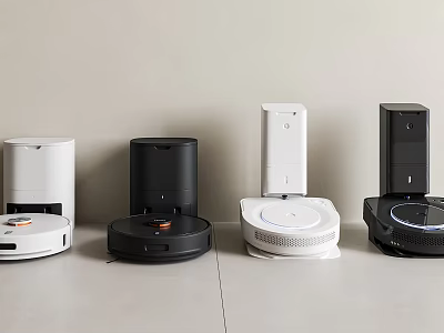 Smart Machines Featuring Robotic Vacuum Cleaners And Charging Bases In White And Black 3d model
