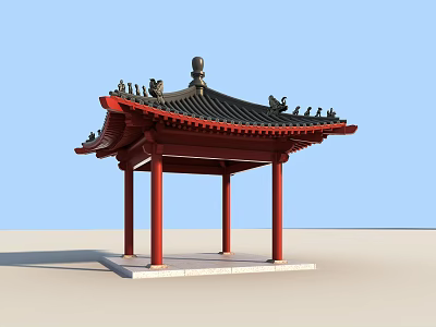 Traditional Chinese Pavilion With Red Pillars Black Roof White Base And Ornamental Eaves 3d model