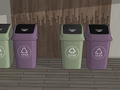 Public Recycling Facilities With Green And Purple Bins Featuring Recycling Symbols On Wooden Wall 3d model