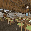 Rustic Restaurant Interior With Wooden Ceiling Stone Walls Chandeliers Wooden Tables And Red Plates