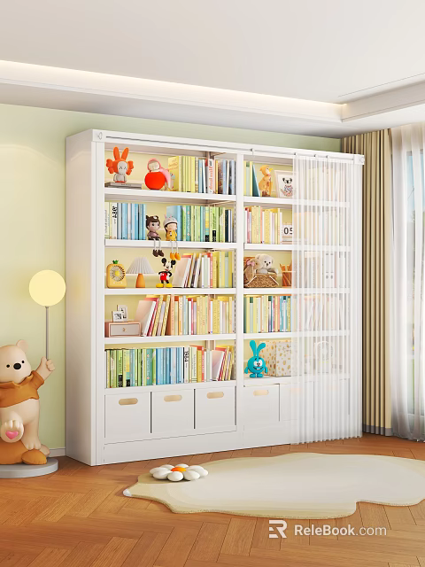 Modern White Kids Bookshelf With Soft Curtain And Storage Drawers For Storing Books And Toys 3d model 