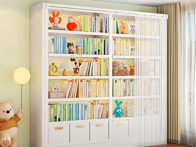 Modern White Kids Bookshelf With Soft Curtain And Storage Drawers For Storing Books And Toys 3d model