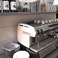 Stainless Steel Espresso Machine With Steam Cups And Bottles In Kitchen Shelf Setting