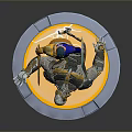 Standing Man In Blue And Gold Armor With Sword Shield Fallen Armor On Round Base