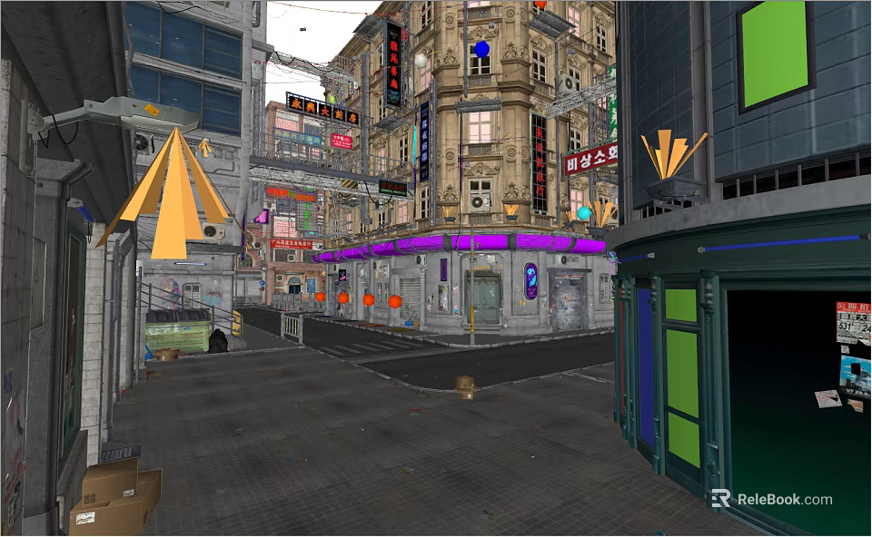 Modern Commercial Street With Tall Buildings Colorful Signs Decorative Awnings And Storefronts 3d model 