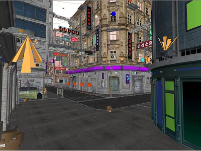 Modern Commercial Street With Tall Buildings Colorful Signs Decorative Awnings And Storefronts 3d model