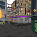Modern Commercial Street With Tall Buildings Colorful Signs Decorative Awnings And Storefronts