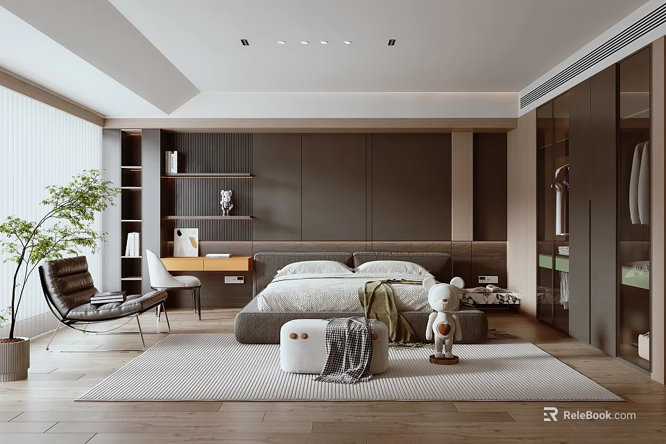 Modern Cozy Bedroom Interior With Bed Area Rug Desk Chair And Potted Plant 3d model 