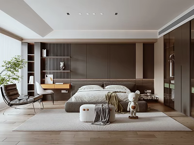 Modern Cozy Bedroom Interior With Bed Area Rug Desk Chair And Potted Plant 3d model