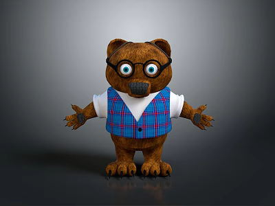 Cute Brown Plush Bear Toy Wearing Glasses White Shirt And Blue Plaid Vest 3d model