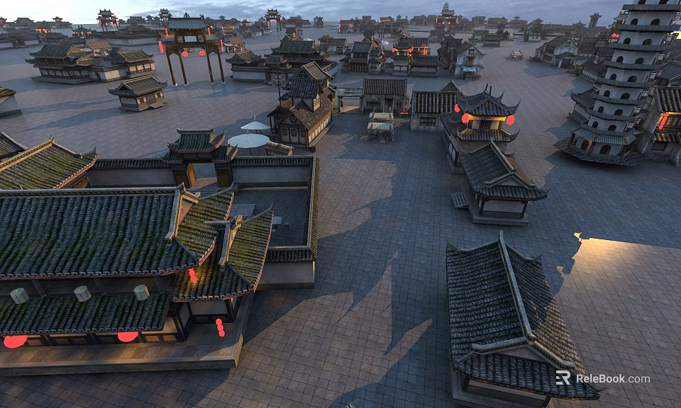 Traditional Chinese Ancient Architecture Featuring Tile Roofs Curved Eaves Red Lanterns Open Square And Pagoda 3d model 