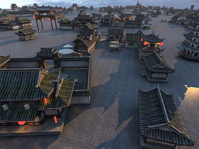 Traditional Chinese Ancient Architecture Featuring Tile Roofs Curved Eaves Red Lanterns Open Square And Pagoda 3d model