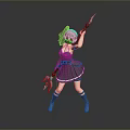 3D Game and Movie Character With Green Hair Black Dress Holding Knife And Blue Object