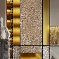 Transparent Glass Partition With Golden Circular Decorations And Geometric Metal Frames