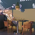 Light Luxury Dining Table Set With Round Table Leather Chairs Pendant Light And Wall Mural