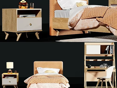 Modern Kids Bed With Upholstered Headboard Soft Bedding Nightstand Desk And Chair 3d model