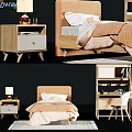 Modern Kids Bed With Upholstered Headboard Soft Bedding Nightstand Desk And Chair