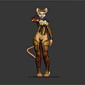 Anthropomorphic Cat Character In Golden Armor With Orange Accents Standing On Stone Base