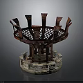 Red Wooden Decorative Structure With Lattice Design And Stone Pedestal Base