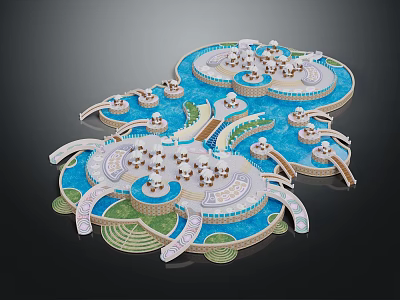 Playful Cartoon Scene Featuring Blue Water Round Islands Green Grass And Decorative Structures 3d model