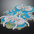 Playful Cartoon Scene Featuring Blue Water Round Islands Green Grass And Decorative Structures