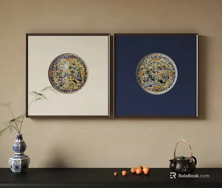 Circular Botanical Paintings with Navy Blue and Beige Frames Featuring Floral Patterns for Wall Decor 3d model