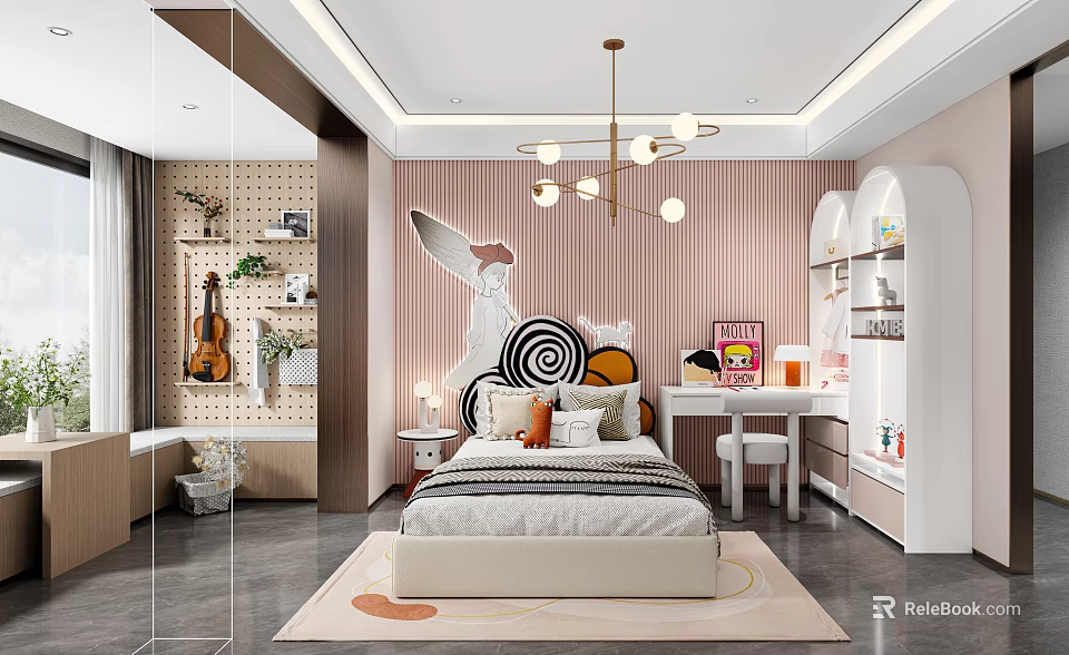 Modern Cozy Kids Bedroom In Pink Tones With Art Wall Bed And Desk 3d model 