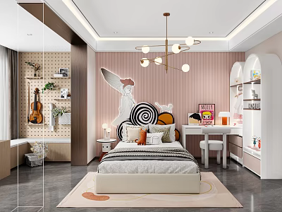 Modern Cozy Kids Bedroom In Pink Tones With Art Wall Bed And Desk 3d model