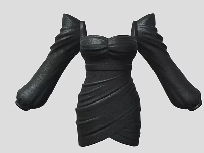 Elegant Black Bustier Dress With Puffed Sleeves Fitted Waist And Ruched Details 3d model