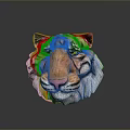 Colorful Tiger Head Sculpture With Orange Black Stripes Green Eyes And Pink Nose