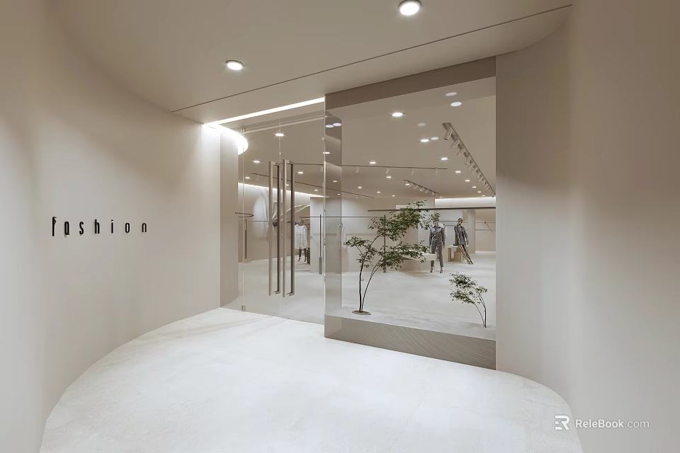 Modern Fashion Clothing Store Interior With Mirrors Plants And Display Area 3d model 
