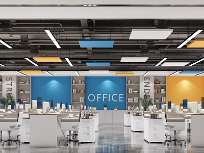 Modern Public Office Interior With Desks Chairs Bookshelves And Colorful Walls 3d model