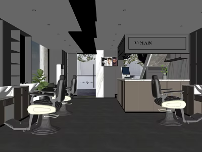 Modern Hair Salon Interior With Styling Chairs Workstations Reception Desk And Plants 3d model