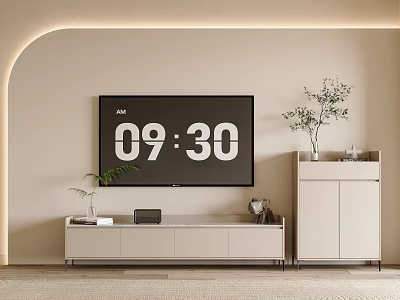 Modern TV Stand With Wall Mounted TV And Side Cabinet Decorative Plant In Living Room 3d model
