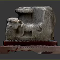 Ancient Stone Carved Capital With Decorative Animal Heads On Red Base