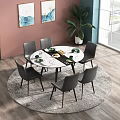 Modern Round Marble Dining Table Set With Six Grey Chairs And Green Plant 3d model
