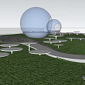 Modern Courtyard Garden With Stone Path Water Pool Green Lawn And Transparent Spherical Structures