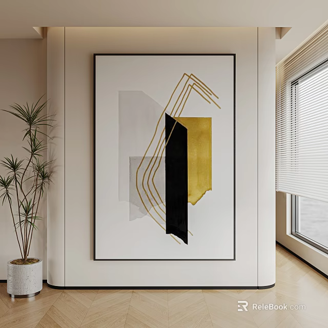 Abstract Painting With Geometric Shapes Gold Black Gray White Tones In Modern Interior 3d model 